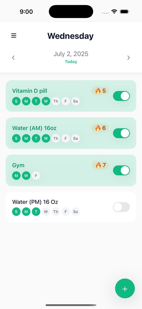 Simple Habit Tracker daily view with scheduled habits, completion toggles, and streaks
