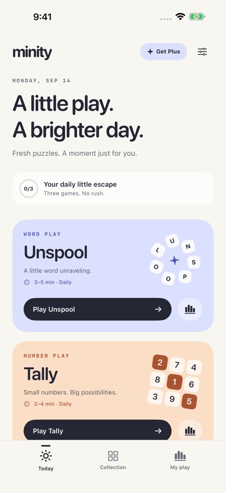 Minity Today screen with daily Unspool word puzzles and Tally number puzzles