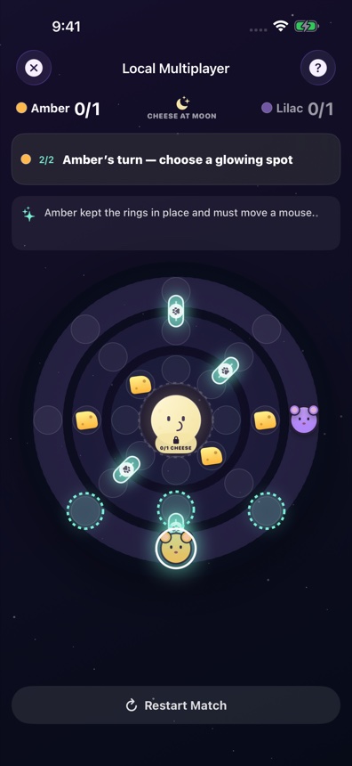An amber mouse beside a connected glowing bridge, with legal moves highlighted
