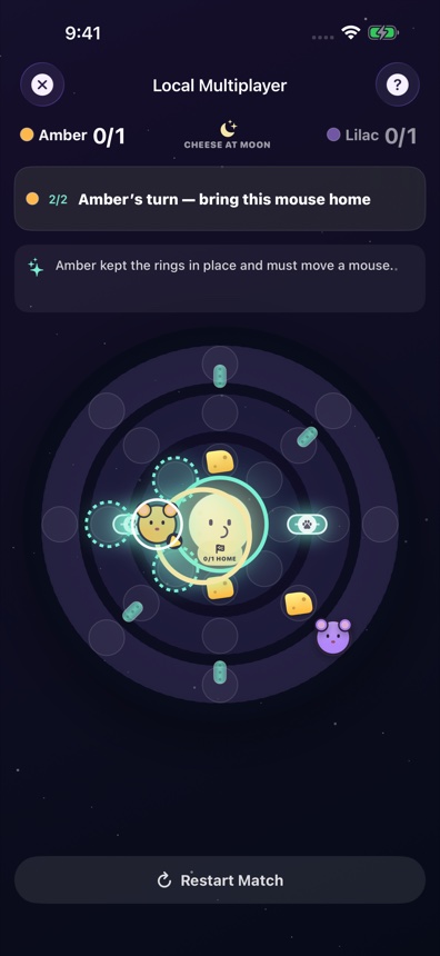 A cheese-carrying mouse on the inner ring with the moon highlighted as its destination