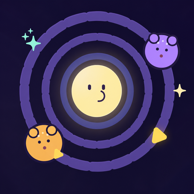 Two colorful mice orbit a smiling cheese moon
